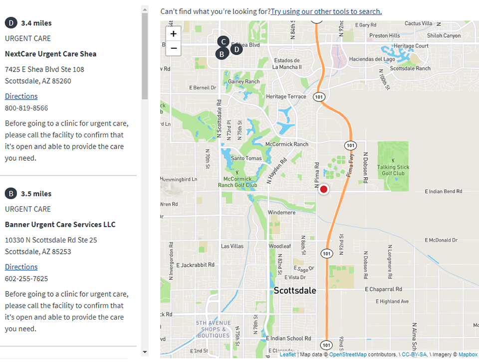 screenshot of example map from VA Facility Locator Tool